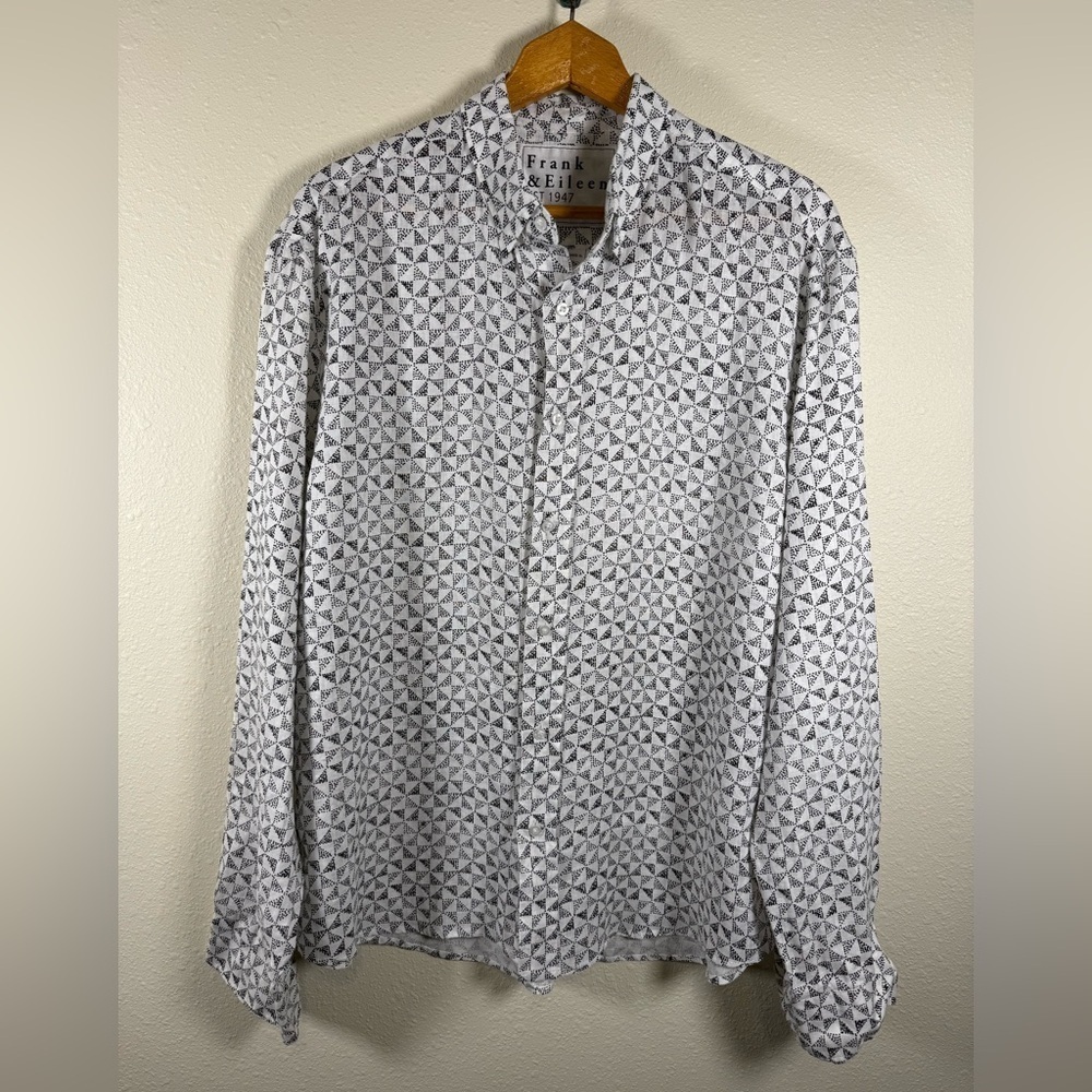 Frank And Eileen 100% Linen Black And White Geometric Print Long Sleeve Large